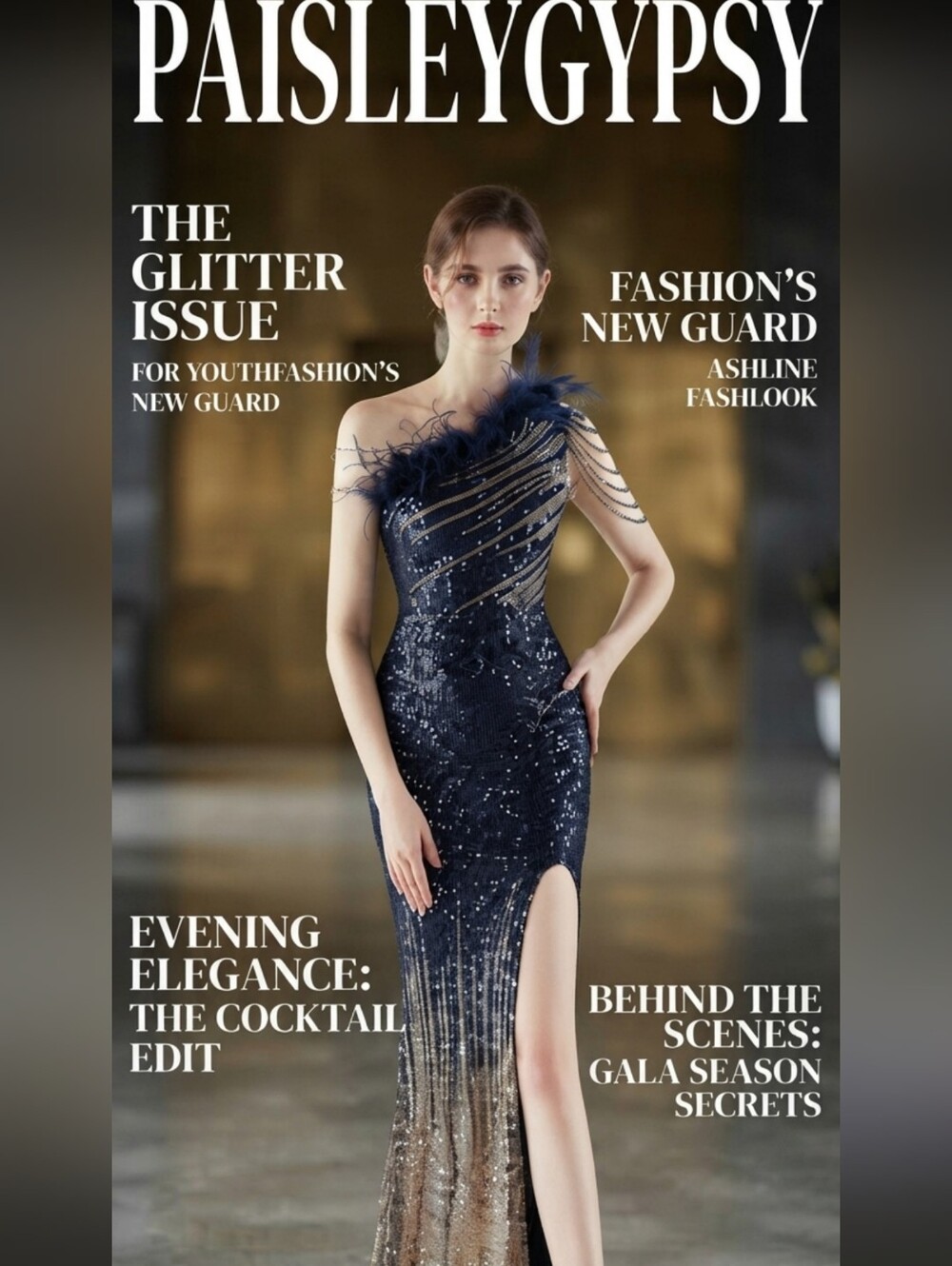 Navy, One Shoulder Beaded, Feather Neck, Sequined/ Mesh, Gradient Mermaid Gown